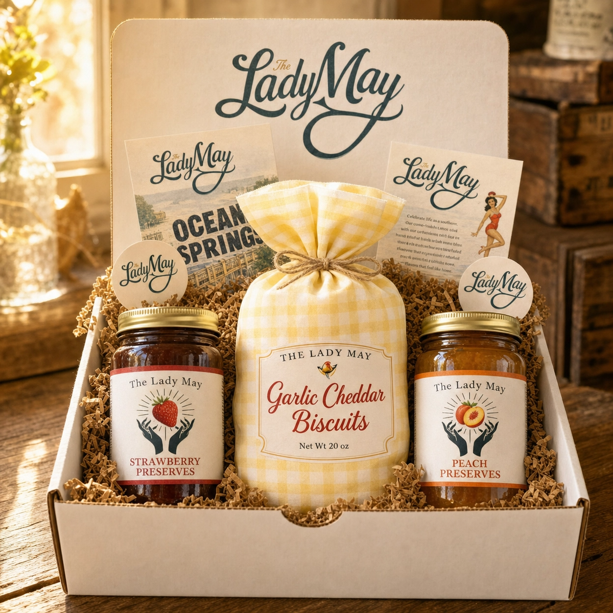 The Lady May Southern gift box with Strawberry Preserves, Garlic Cheddar Biscuit Mix and Peach Preserves