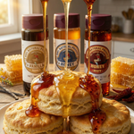The Lady May vanilla, raw and hot honey drizzling over a stack of biscuits with honeycomb and honey bottles, a gourmet farm-to-table local honey with natural benefits