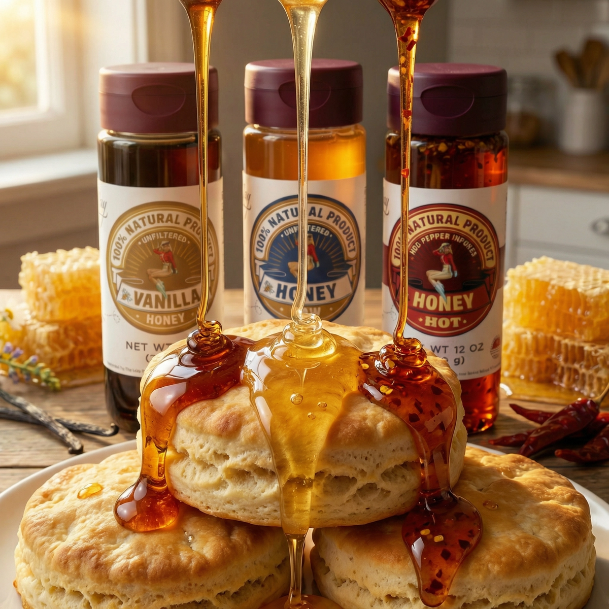 The Lady May vanilla, raw and hot honey drizzling over a stack of biscuits with honeycomb and honey bottles, a gourmet farm-to-table local honey with natural benefits