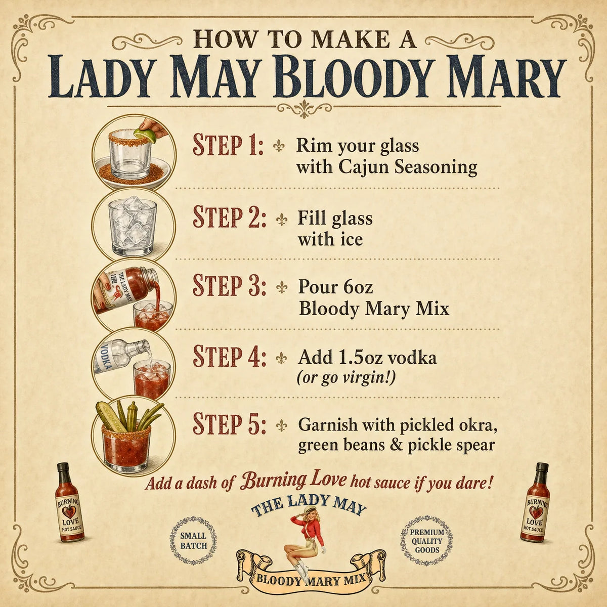 The Lady May how to make a Bloody Mary – 5-step recipe with Cajun rim, ice, mix, vodka and pickled garnish
