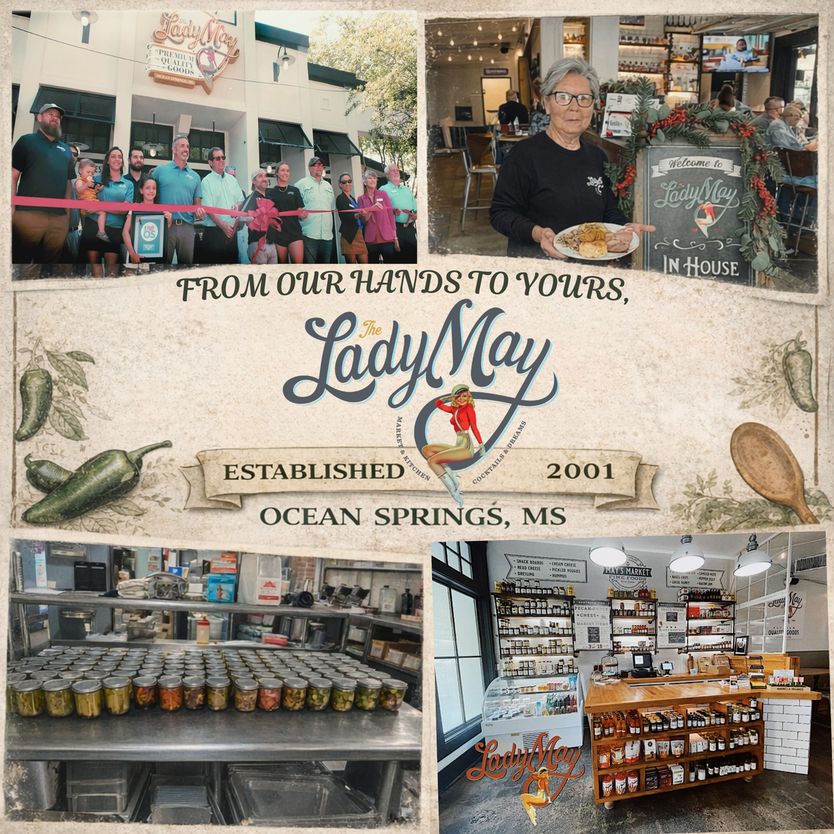 The Lady May brand story collage from Ocean Springs Mississippi showing the market storefront, in-house dining and shelves of gourmet small-batch pickles, honey and farm-to-table goods