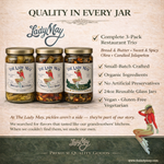 The Lady May small-batch pickle gift set 3-pack with bread and butter pickles, sweet and spicy okra and candied jalapenos, a gourmet traditional farm-to-table Southern gift idea
