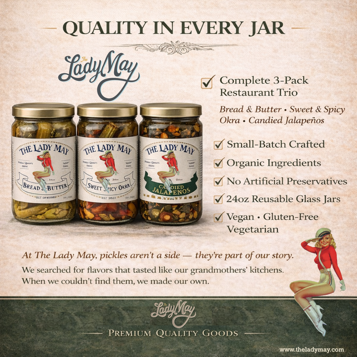 The Lady May small-batch pickle gift set 3-pack with bread and butter pickles, sweet and spicy okra and candied jalapenos, a gourmet traditional farm-to-table Southern gift idea