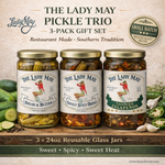 The Lady May pickle trio 3-pack gift set with bread and butter pickles, sweet spicy okra and candied jalapenos in reusable glass jars, a gourmet traditional farm-to-table Southern gift idea