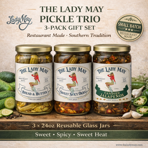 The Lady May pickle trio 3-pack gift set with bread and butter pickles, sweet spicy okra and candied jalapenos in reusable glass jars, a gourmet traditional farm-to-table Southern gift idea