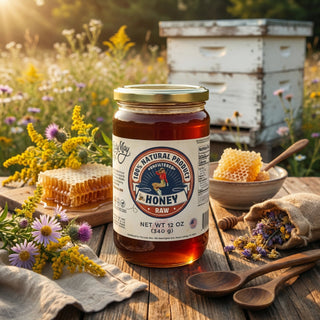 The Lady May raw unfiltered honey jar with honeycomb, wildflowers, wooden spoons and a beehive in a wildflower meadow, a traditional farm-to-table local honey with natural benefits