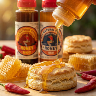 The Lady May raw honey drizzled over a flaky biscuit with honeycomb, honey bottles and chili peppers, a gourmet farm-to-table local honey with natural benefits