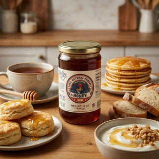The Lady May raw unfiltered honey jar paired with pancakes, biscuits, tea, yogurt and bread on a kitchen table, a versatile gourmet farm-to-table local honey with natural benefits