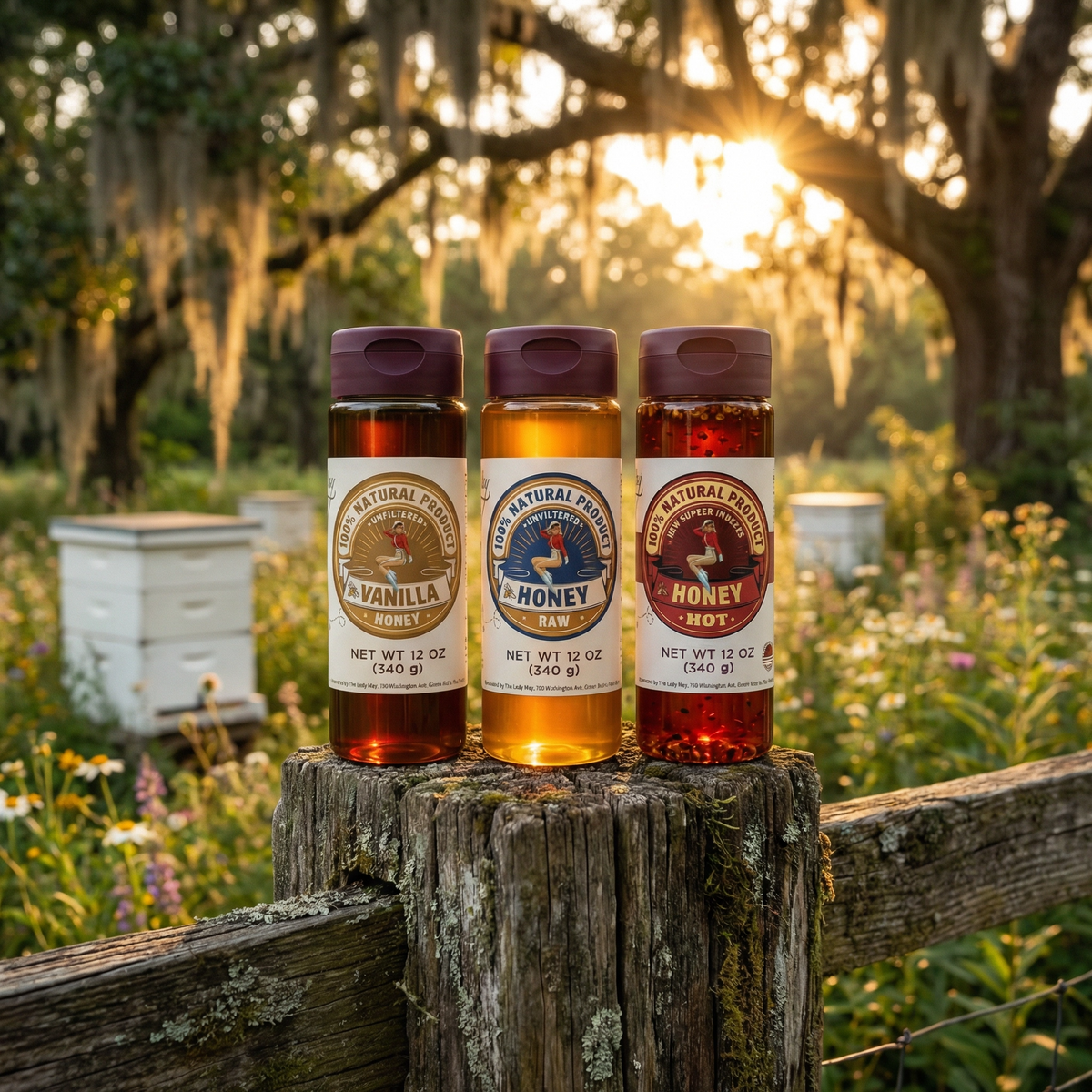 The Lady May raw honey trio of vanilla, raw and hot honey bottles on a fence post with beehives and wildflowers at sunset, a traditional farm-to-table local honey with natural benefits
