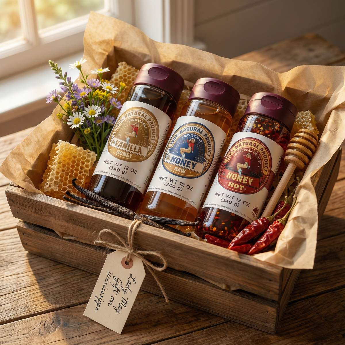 The Lady May raw honey trio gift set of vanilla, raw and hot honey bottles in a wooden crate with honeycomb, wildflowers and a honey dipper, a gourmet farm-to-table local honey gift idea