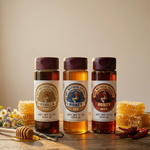 The Lady May raw honey trio of vanilla, raw unfiltered and hot honey bottles with honeycomb, vanilla beans and chili peppers, a gourmet farm-to-table local honey with natural benefits