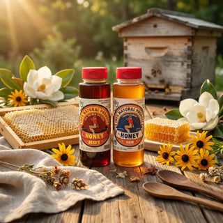 The Lady May raw and hot honey bottles with a beehive, honeycomb, wildflowers and wooden spoons in a sunlit garden, a traditional farm-to-table local honey with natural benefits