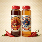 The Lady May raw unfiltered honey and hot red pepper infused honey bottles with chili peppers, a gourmet farm-to-table local honey with natural benefits