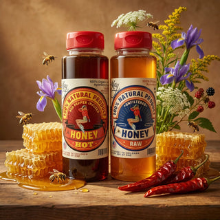 The Lady May raw and hot honey bottles with honeycomb, bees, wildflowers and chili peppers showing natural ingredients, a gourmet farm-to-table local honey with benefits