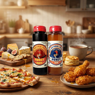 The Lady May raw and hot honey bottles paired with pizza, fried chicken, biscuits and a charcuterie board of cheese and figs, a versatile gourmet farm-to-table local honey