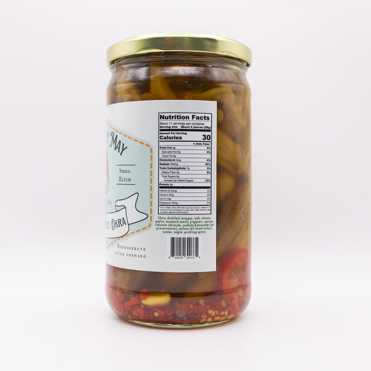The Lady May sweet spicy okra jar showing the nutrition and ingredients label, a gourmet traditional farm-to-table Southern pickled okra gift idea