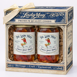 The Lady May sweet and spicy pickled okra two-jar gift set in a decorative heritage box with ribbon bow, a gourmet traditional farm-to-table Southern pickled gift idea