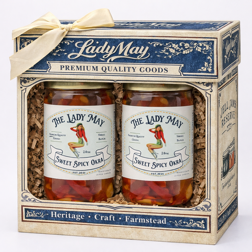 The Lady May sweet and spicy pickled okra two-jar gift set in a decorative heritage box with ribbon bow, a gourmet traditional farm-to-table Southern pickled gift idea