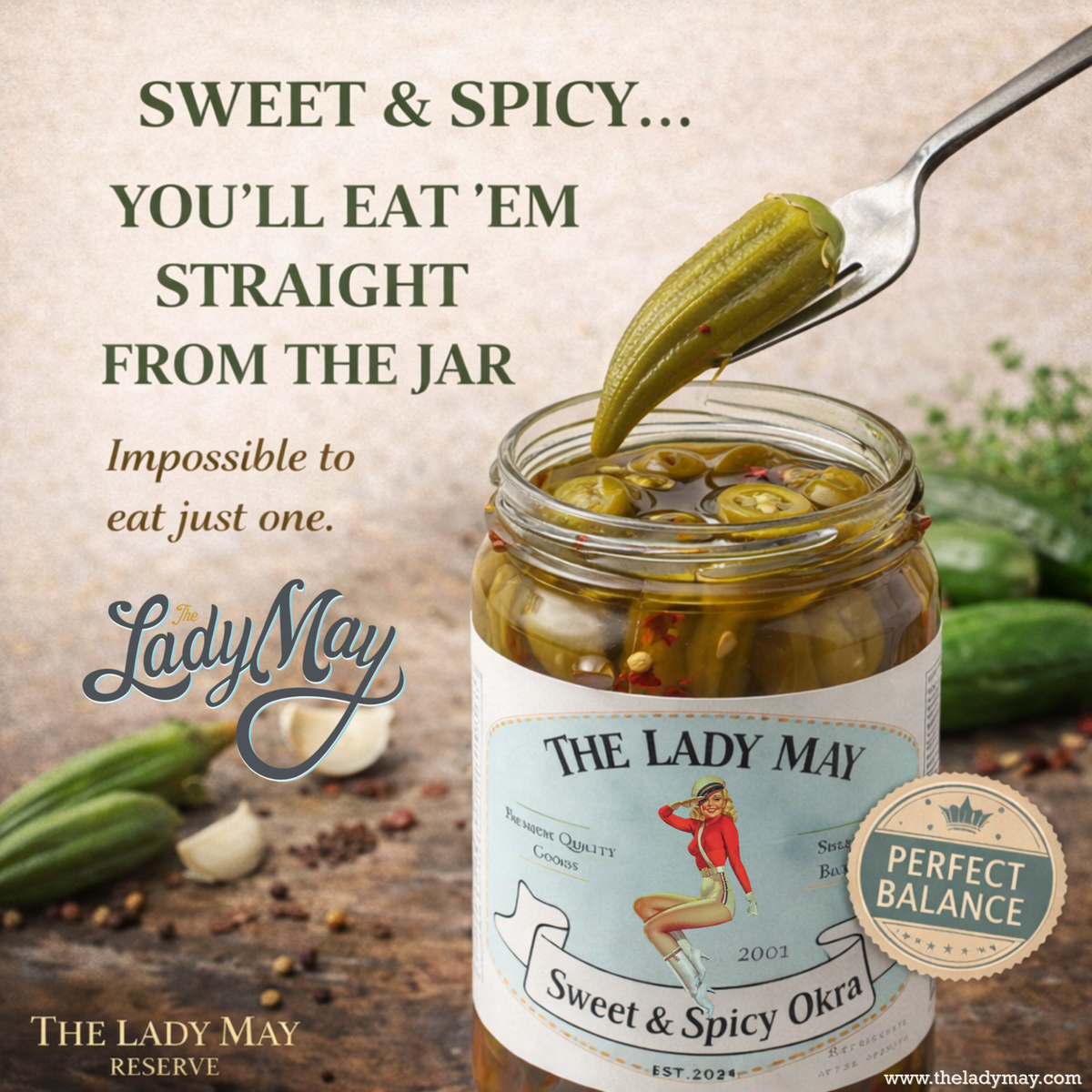 The Lady May sweet and spicy pickled okra in a jar with a forkful of okra, a gourmet traditional farm-to-table Southern pickled vegetable and gift idea