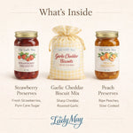 The Lady May – What's Inside: Strawberry Preserves, Garlic Cheddar Biscuit Mix and Peach Preserves