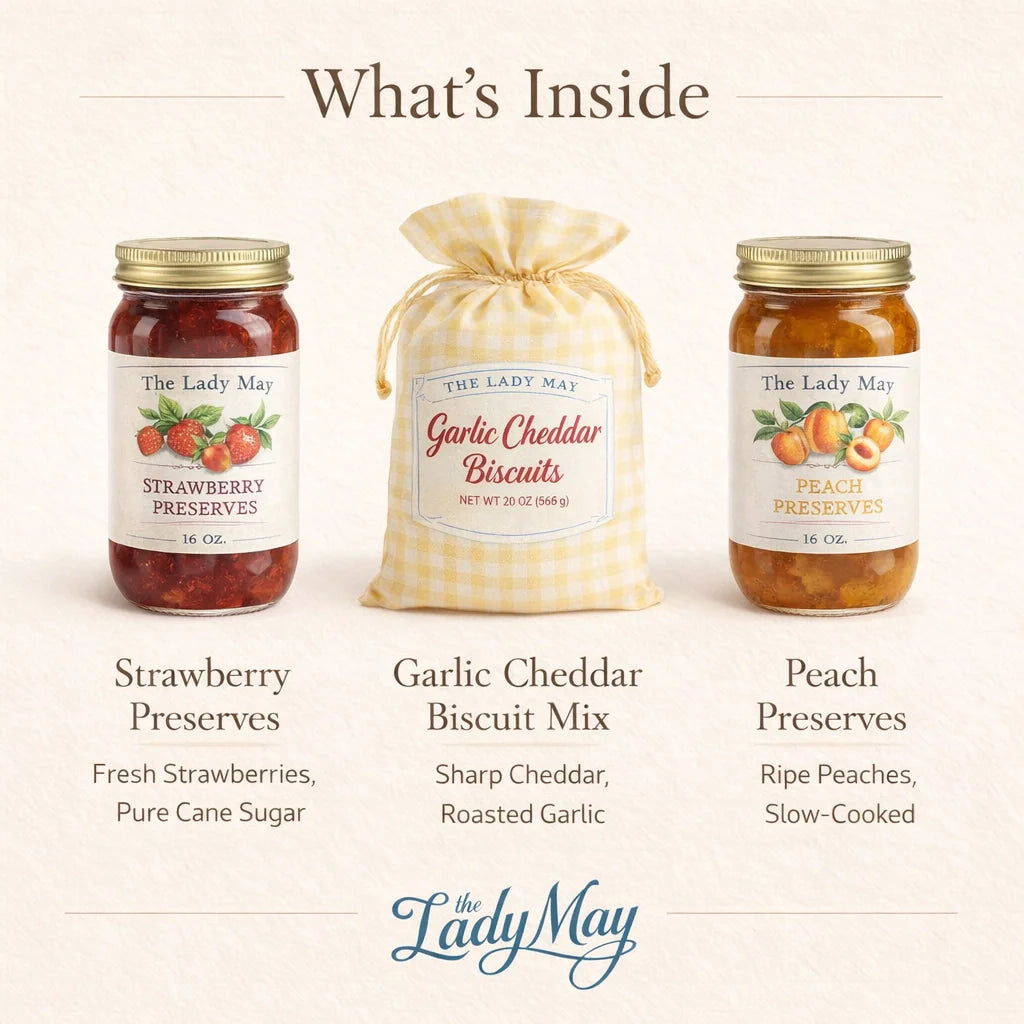 The Lady May – What's Inside: Strawberry Preserves, Garlic Cheddar Biscuit Mix and Peach Preserves
