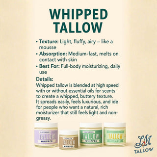 Unscented Tallow Skincare Collection | 4-Piece Gift Set | Grass-Fed Tallow Lotion, Body Butter, Balm & Whipped Moisturizer whipped tallow texture