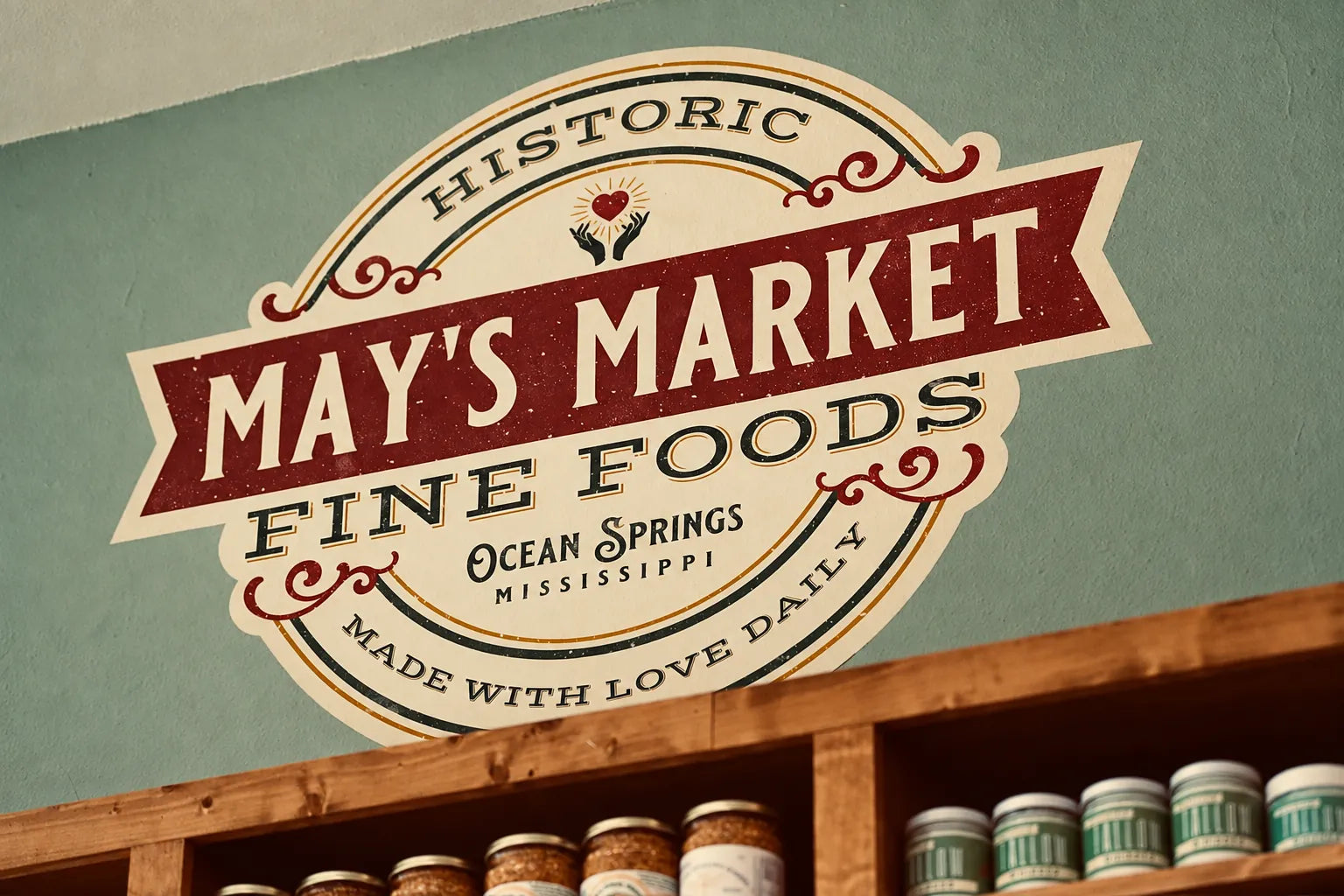 Historic May’s Market Fine Foods sign above shelves of pantry goods in Ocean Springs